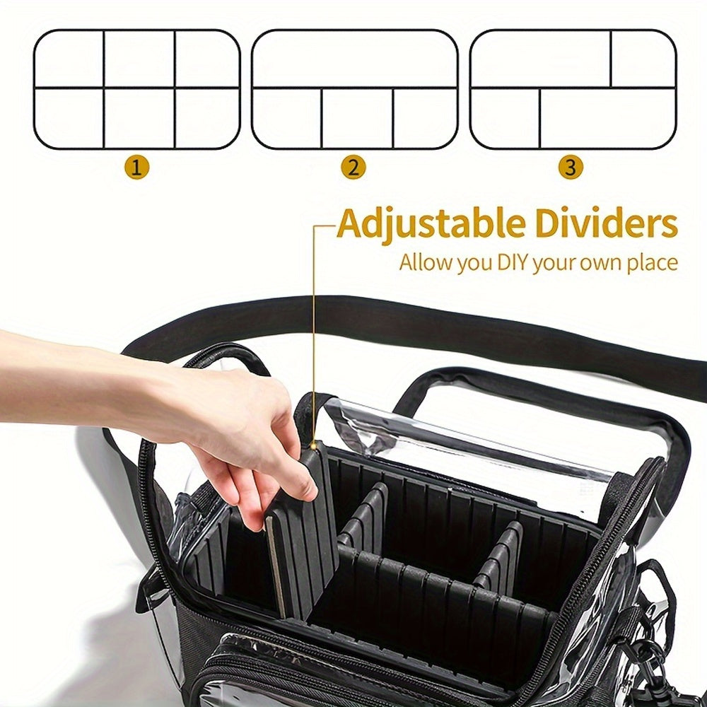 Borsa organizer trasparente con divisori regolabili, ideale per cosmetici e accessori. Design versatile, personalizzabile, perfetto per viaggi e uso quotidiano.