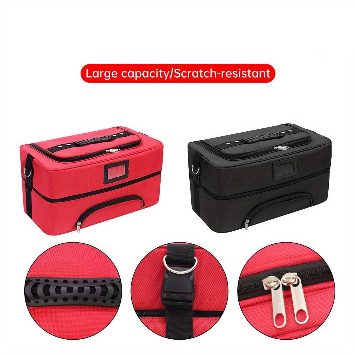 Due borse da viaggio grandi, rosse e nere, resistenti ai graffi, con cerniere robuste e maniglie rinforzate. Ideali per organizzazione e trasporto.
