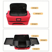 Borsa organizer cosmetici rossa con scomparti multipli, design pieghevole, ideale per trucco e accessori, perfetta per viaggi e uso professionale.
