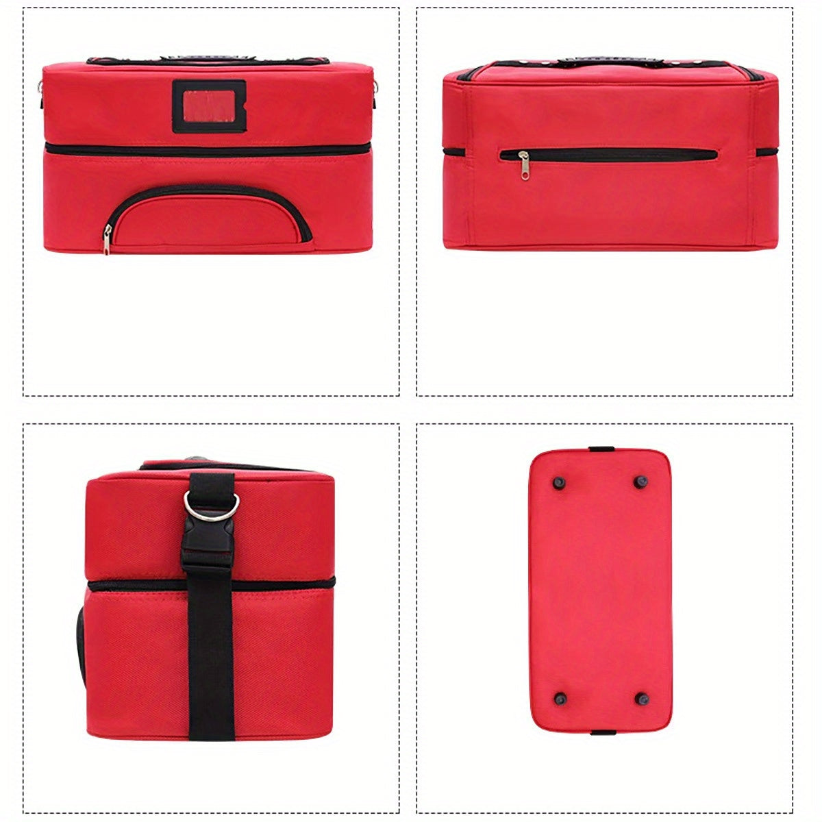 Borsa termica rossa con cerniere multiple, manico nero e tracolla regolabile. Ideale per picnic, viaggi, conservazione cibi e bevande.