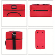 Borsa termica rossa con cerniere multiple, manico nero e tracolla regolabile. Ideale per picnic, viaggi, conservazione cibi e bevande.