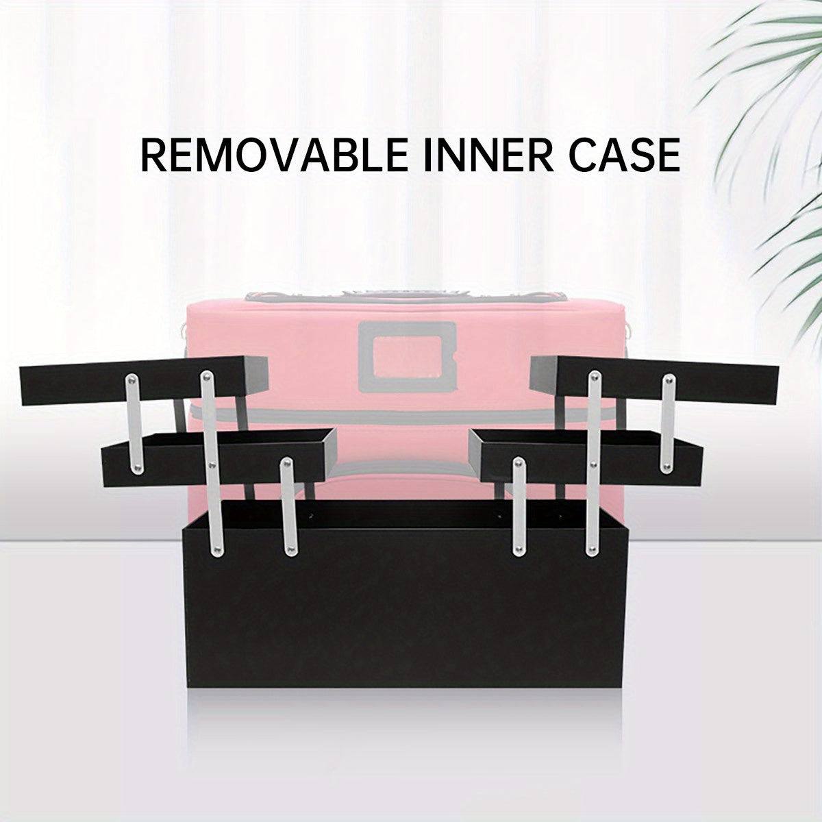Scatola porta trucchi nera con scomparti interni rimovibili, design elegante, ideale per organizzare cosmetici e accessori di bellezza.