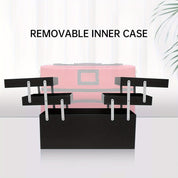 Scatola porta trucchi nera con scomparti interni rimovibili, design elegante, ideale per organizzare cosmetici e accessori di bellezza.