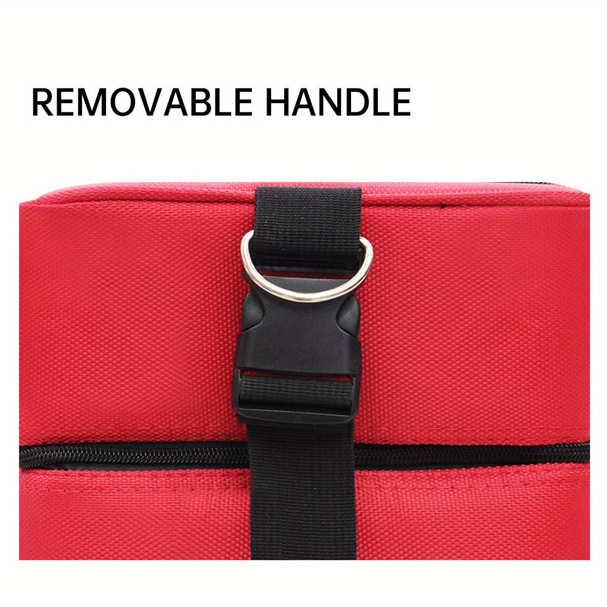 Borsa rossa con manico removibile, chiusura a fibbia nera, tessuto resistente. Ideale per viaggi, lavoro, scuola. Accessorio versatile e pratico.