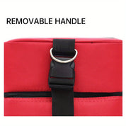 Borsa rossa con manico removibile, chiusura a fibbia nera, tessuto resistente. Ideale per viaggi, lavoro, scuola. Accessorio versatile e pratico.
