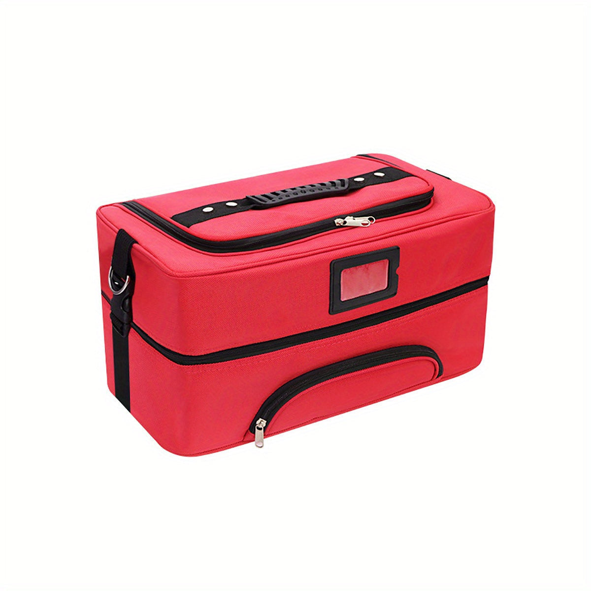 Borsa da trasporto rossa rettangolare con manico nero, tasche con cerniera e dettagli neri. Ideale per viaggi, trasporto sicuro e organizzazione.