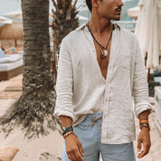  Camicia da uomo a maniche lunghe-miscela di lino di cotone-Fit rilassato-abbigliamento casual abbottonato-4
