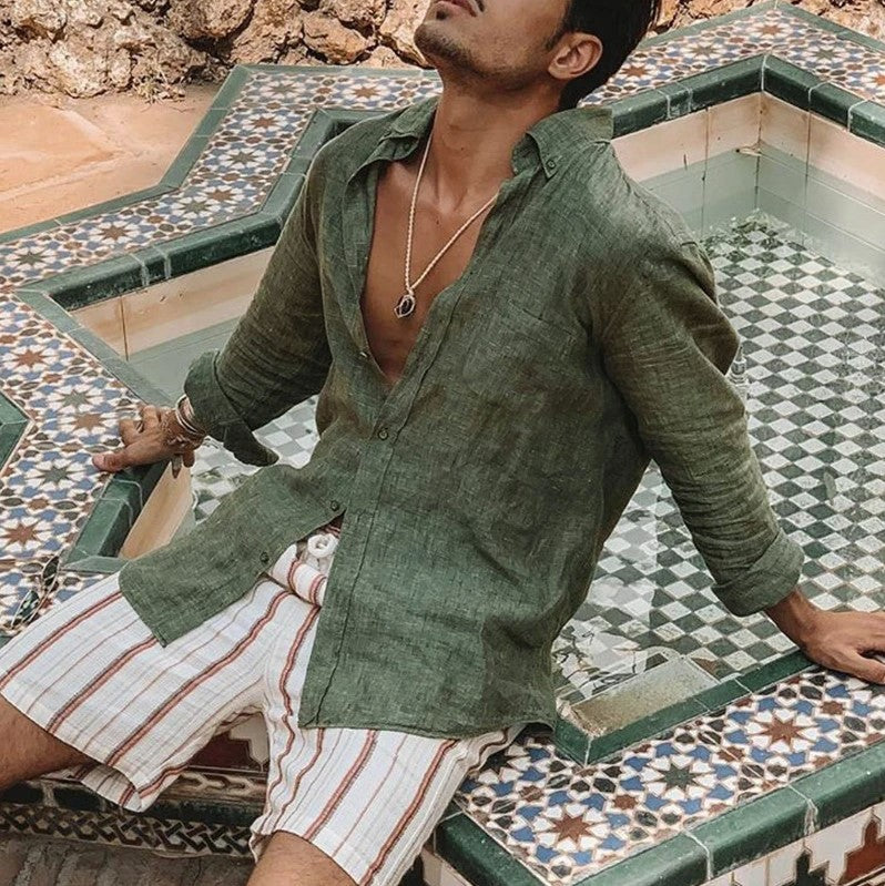  Camicia da uomo a maniche lunghe-miscela di lino di cotone-Fit rilassato-abbigliamento casual abbottonato-5