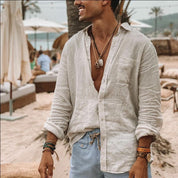  Camicia da uomo a maniche lunghe-miscela di lino di cotone-Fit rilassato-abbigliamento casual abbottonato-3