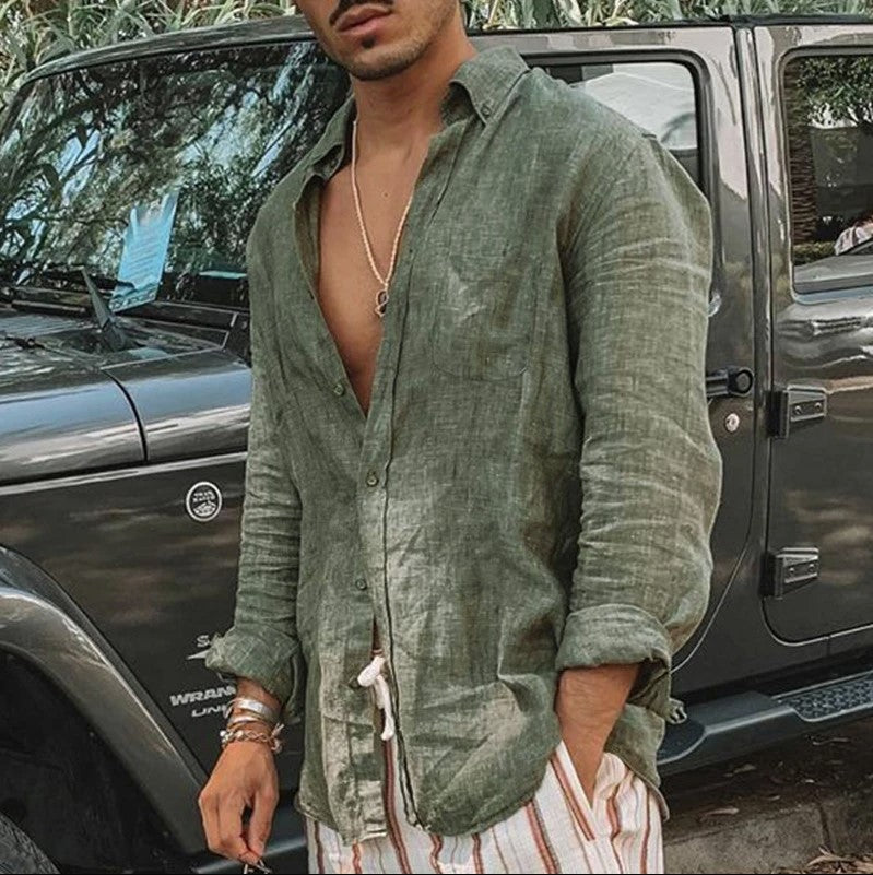  Camicia da uomo a maniche lunghe-miscela di lino di cotone-Fit rilassato-abbigliamento casual abbottonato-6