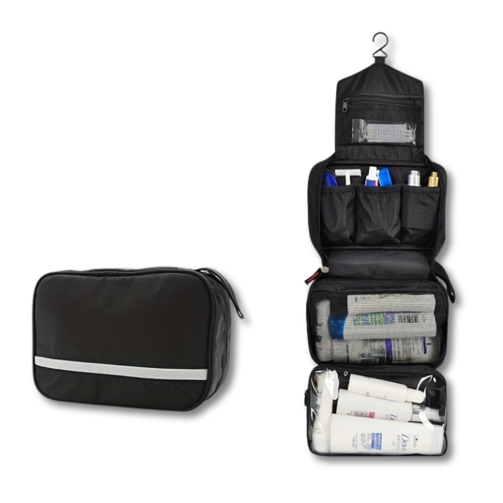 Borsa da toilette nera con gancio, scomparti multipli, ideale per viaggi. Organizer compatto per cosmetici e accessori bagno.
