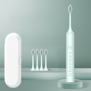 Spazzolino elettrico bianco con custodia e quattro testine di ricambio, design moderno, modalità multiple, ideale per igiene orale avanzata.
