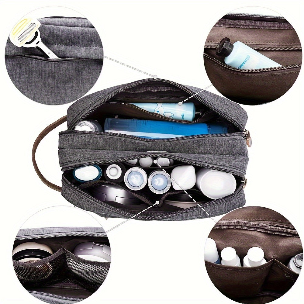 Borsa da toilette grigia con scomparti multipli, contenente articoli da viaggio come rasoi, flaconi e tubetti. Organizzatore da viaggio compatto.