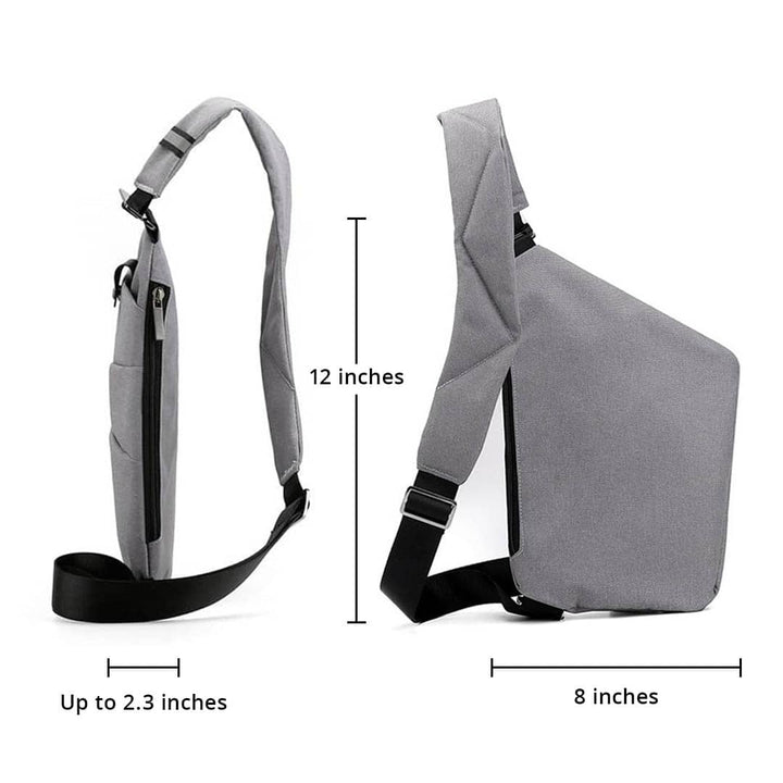 Zaino monospalla grigio, design ergonomico, dimensioni regolabili: 12x8 pollici, ideale per laptop, viaggio, lavoro, moda urbana.