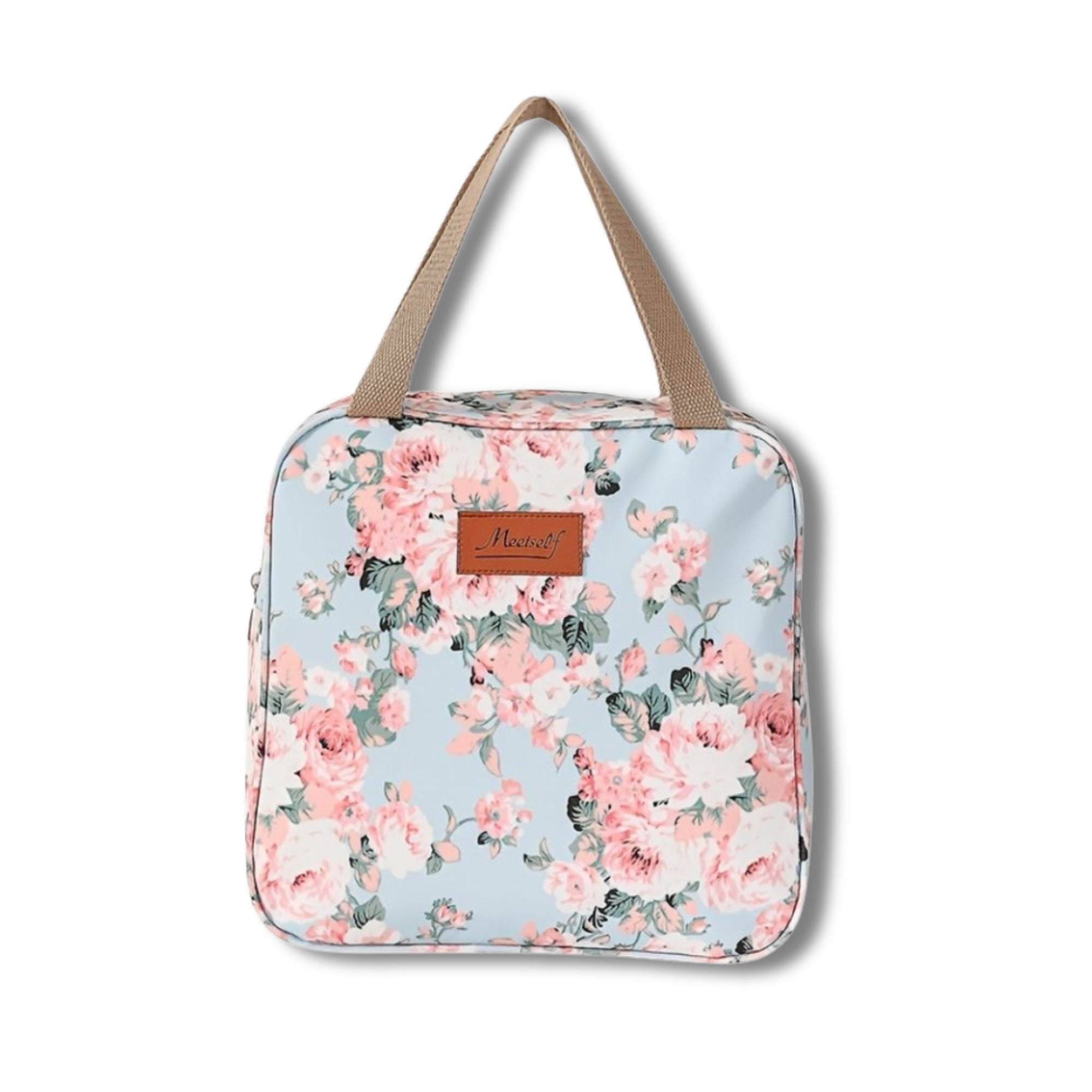 Borsa da viaggio floreale con manici beige, design rosa su sfondo azzurro, ideale per cosmetici e accessori. Stile elegante e pratico.