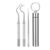Set di strumenti dentali in acciaio inossidabile, include specillo, sonda e custodia portatile. Ideale per igiene orale e pulizia dentale professionale.