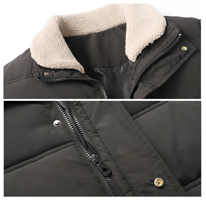 Giacca invernale uomo, colore nero, con colletto in pelliccia sintetica beige, chiusura a zip e bottoni. Calda e resistente, ideale per il freddo.