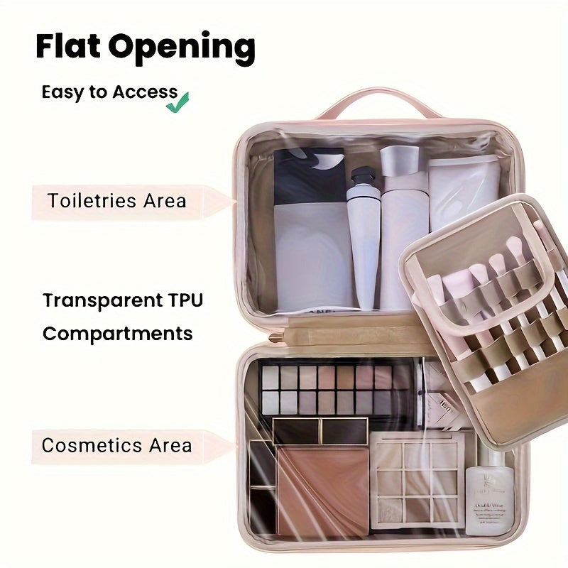 Borsa da viaggio organizer per cosmetici e articoli da toeletta, apertura piatta, scomparti trasparenti in TPU, facile accesso, ideale per viaggi.