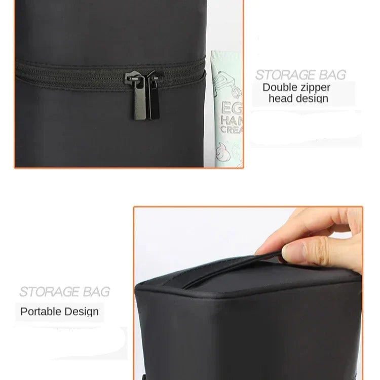 Borsa portaoggetti nera con doppia cerniera, design portatile, ideale per organizzazione e viaggio. Accessorio pratico e versatile.