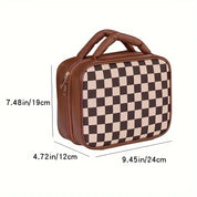 Borsa termica marrone a scacchi, dimensioni 24x12x19 cm, con manici imbottiti e cerniera, ideale per picnic e pranzo al sacco.