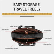 Borsa da lavoro in pelle nera con tasche multiple, scomparti per penne e zip, ideale per viaggi e organizzazione. Design elegante e funzionale.