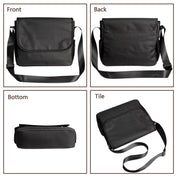 Borsa a tracolla nera unisex, vista frontale, posteriore e laterale. Design semplice, ideale per lavoro e viaggio. Tasche multiple, tracolla regolabile.