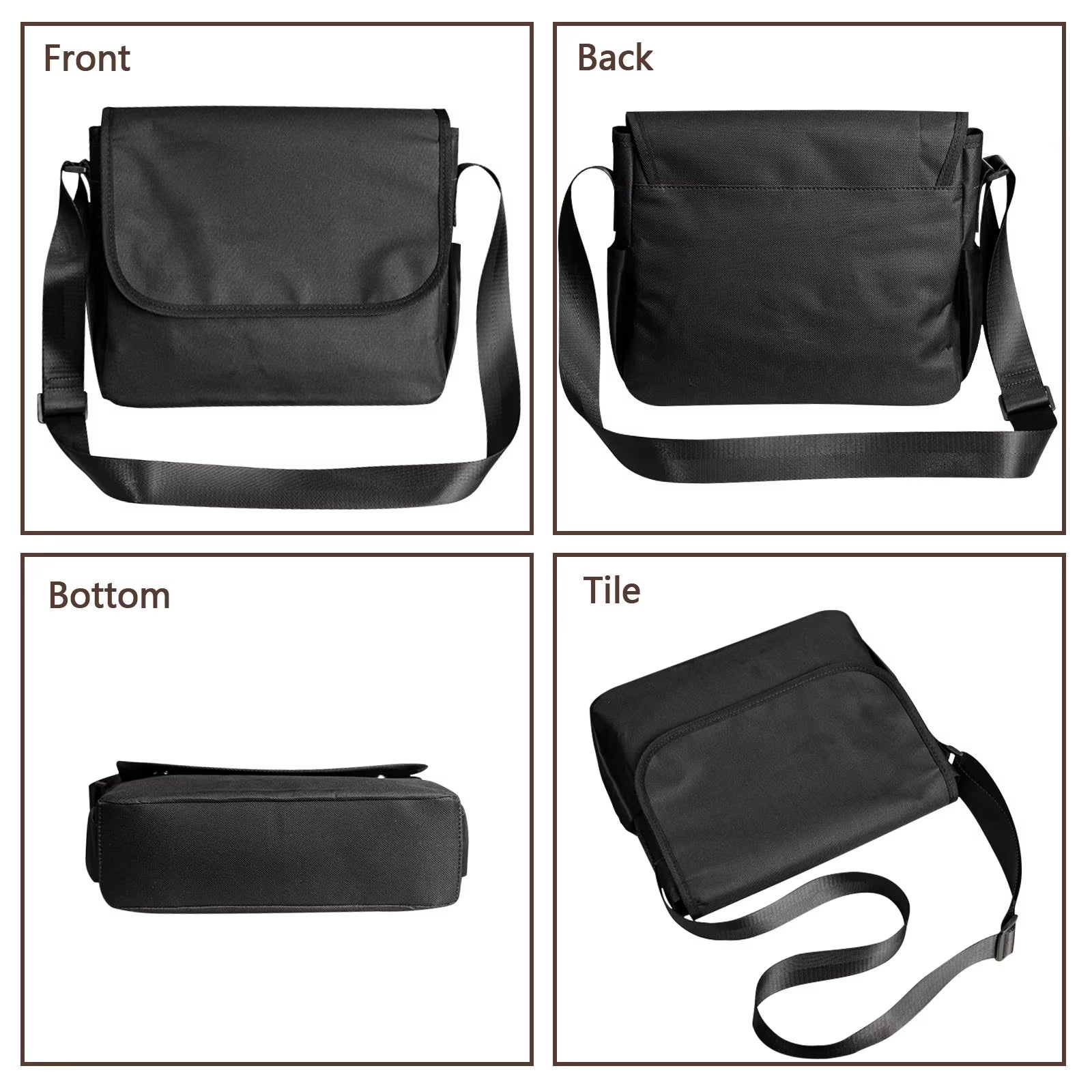 Borsa a tracolla nera unisex, vista frontale, posteriore e laterale. Design semplice, ideale per lavoro e viaggio. Tasche multiple, tracolla regolabile.