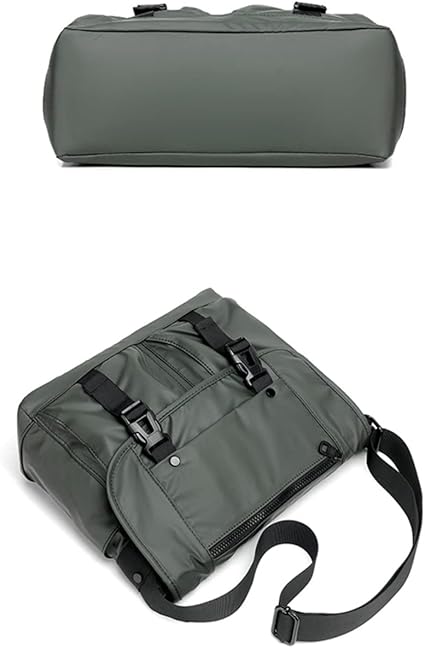 Borsa da viaggio verde militare con tracolla regolabile, tasche multiple e chiusure a fibbia. Design resistente e spazioso per viaggi e sport.