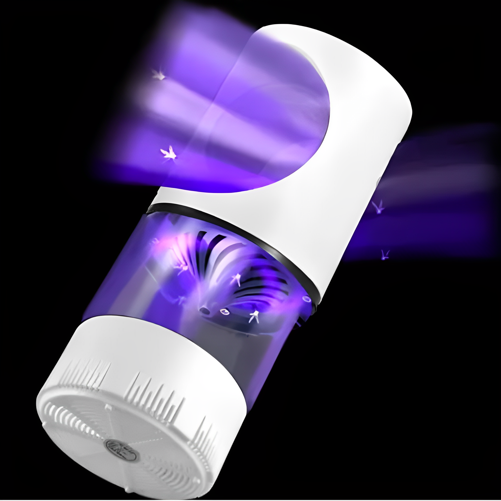 Trappola per zanzare elettrica, design cilindrico bianco, luce UV viola, ventola interna, cattura insetti volanti, efficace per interni.