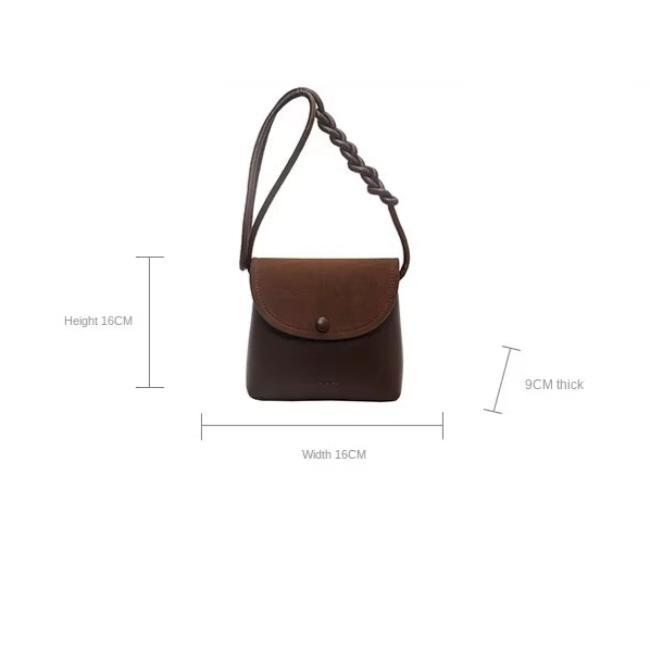 Borsa a tracolla in pelle marrone, dimensioni 16x15x9 cm, con chiusura a bottone. Design elegante e compatto, ideale per moda donna.