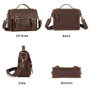 Borsa a tracolla in pelle marrone, vista multipla: frontale, posteriore, laterale e inferiore. Design elegante, ideale per lavoro e viaggi.