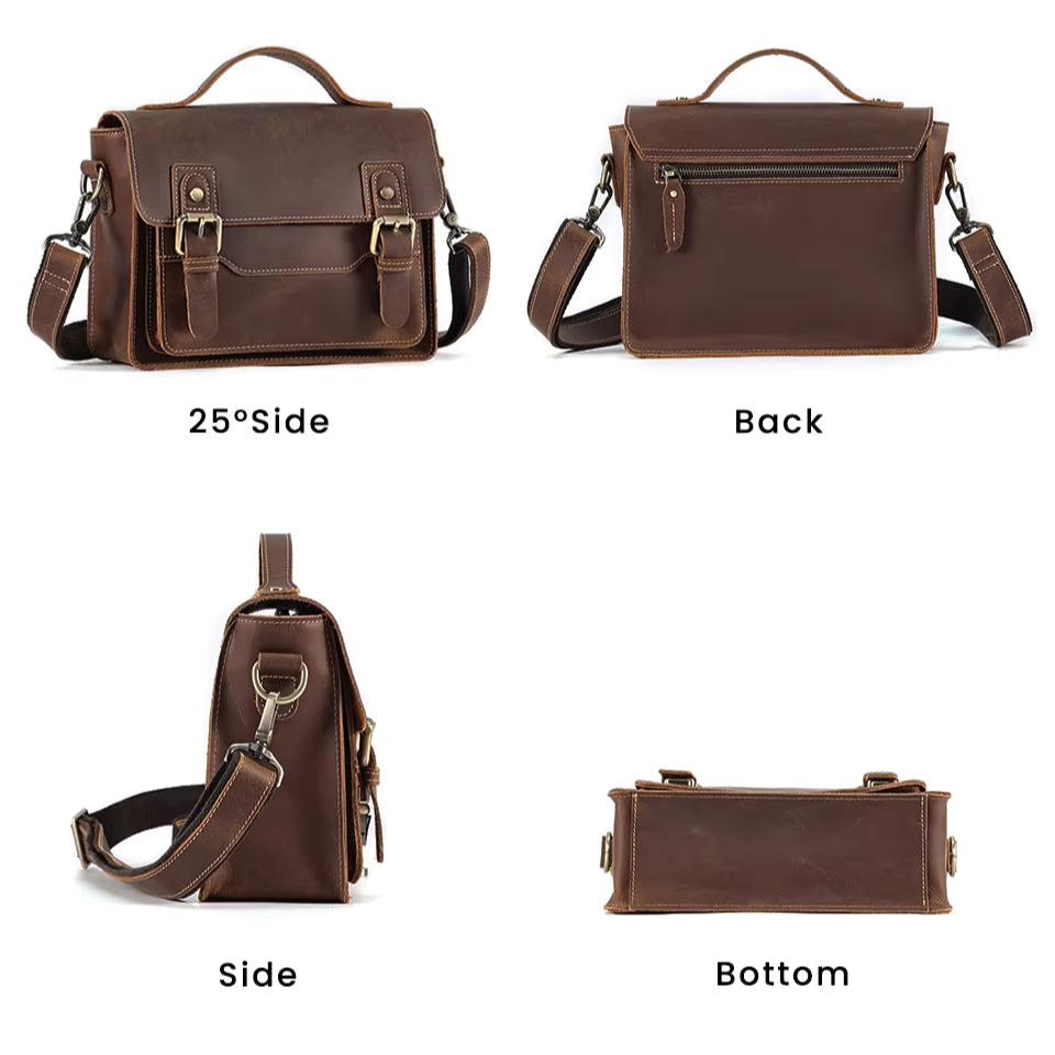 Borsa a tracolla in pelle marrone, vista multipla: frontale, posteriore, laterale e inferiore. Design elegante, ideale per lavoro e viaggi.