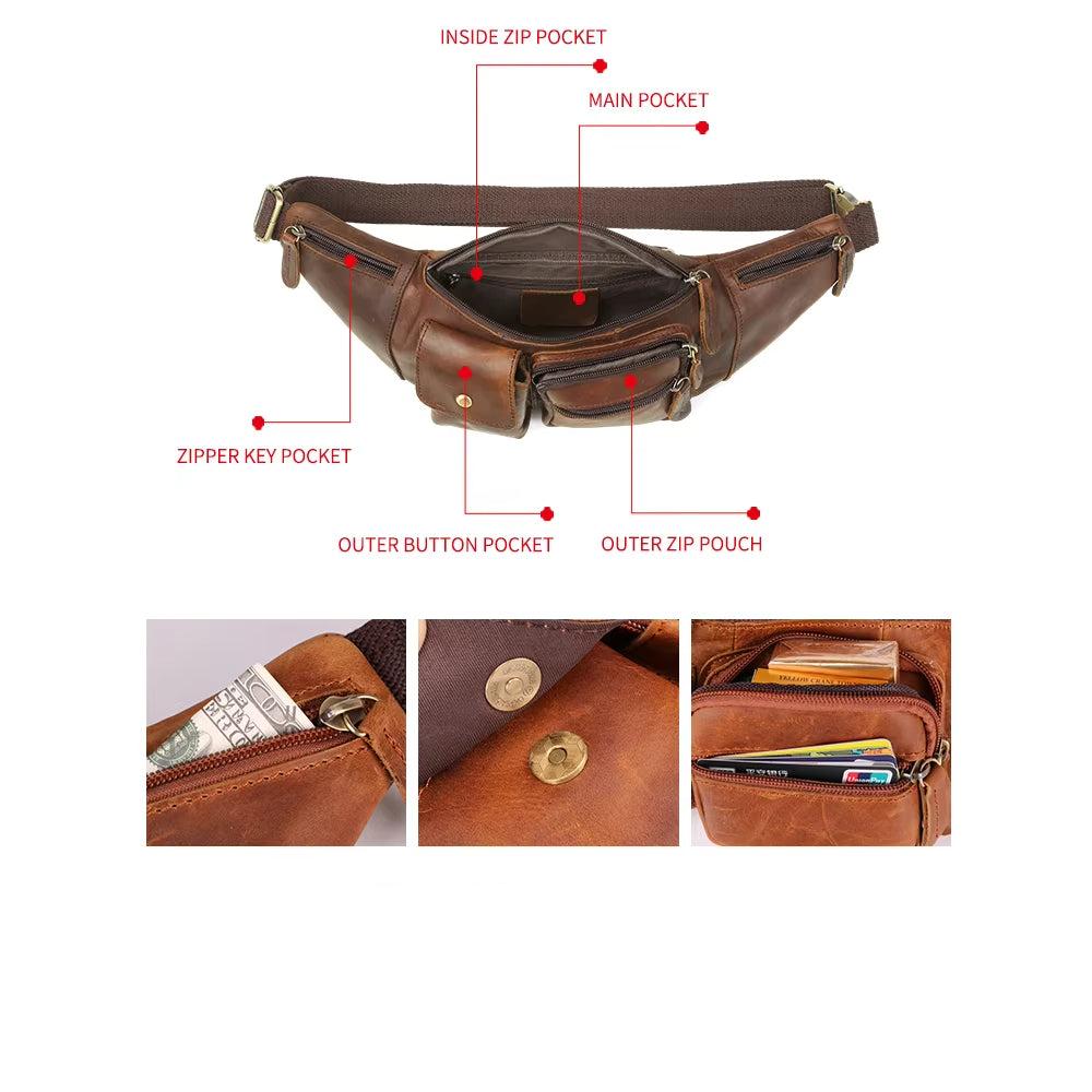 Marsupio in pelle marrone con tasche multiple, cerniere robuste, scomparti interni ed esterni, ideale per viaggi e uso quotidiano.