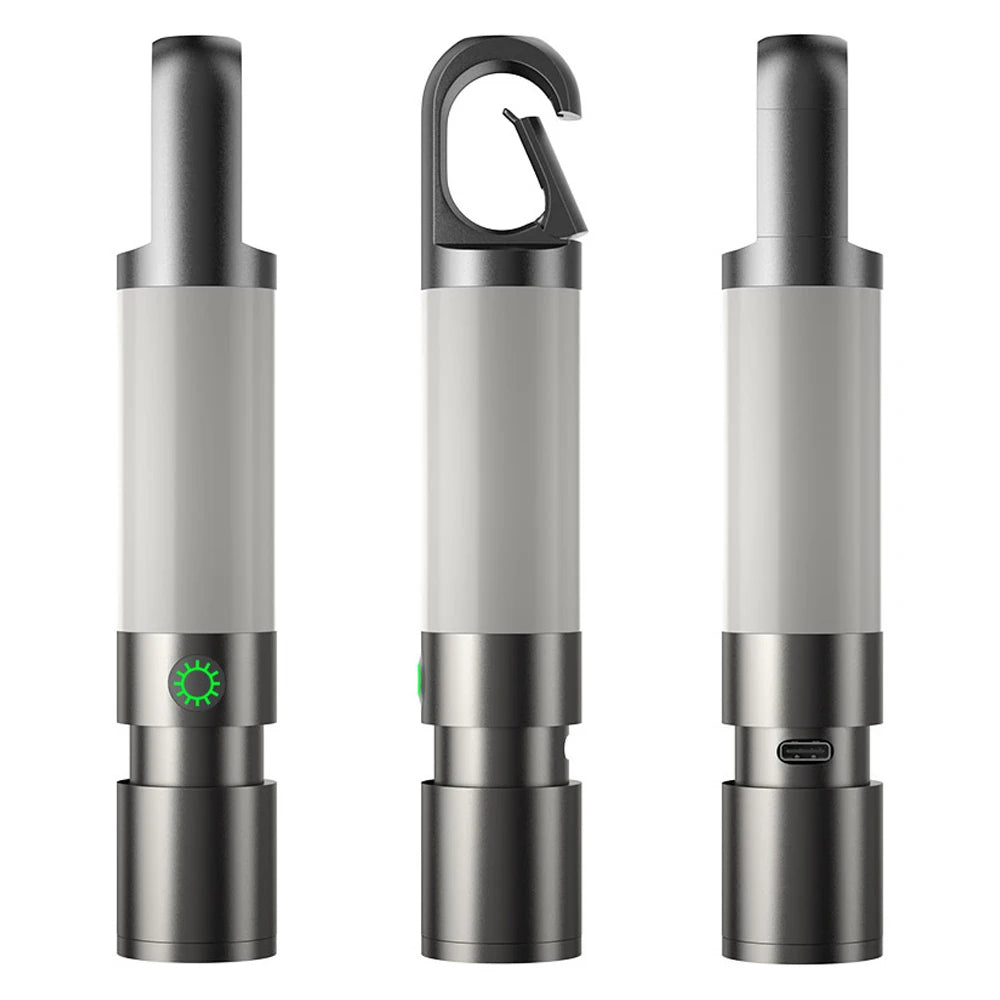 Torcia LED portatile ricaricabile USB, design compatto, con gancio integrato, ideale per campeggio e attività all'aperto.