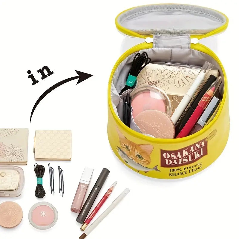 Borsa trucco gialla a forma di scatola di cibo per gatti, con cosmetici e accessori per il trucco, design originale e divertente, ideale per viaggi.