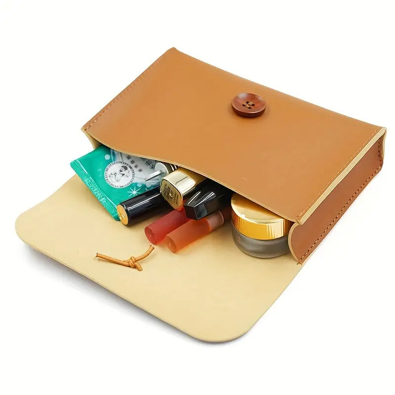 Custodia in pelle marrone aperta con cosmetici, rossetti e creme. Elegante organizer da viaggio per trucco, accessori beauty essenziali.
