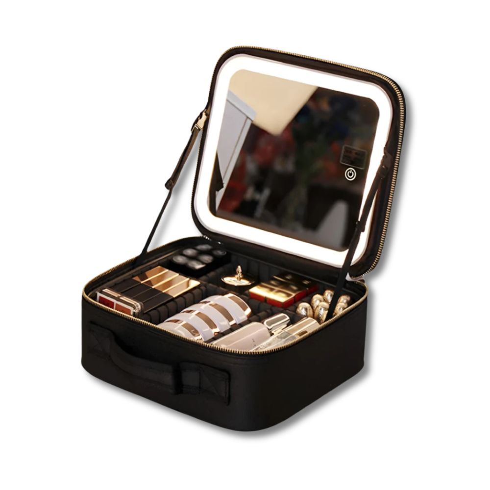 Astuccio trucco nero con specchio LED illuminato, scomparti organizzati per cosmetici, rossetti e accessori. Ideale per viaggi e uso quotidiano.