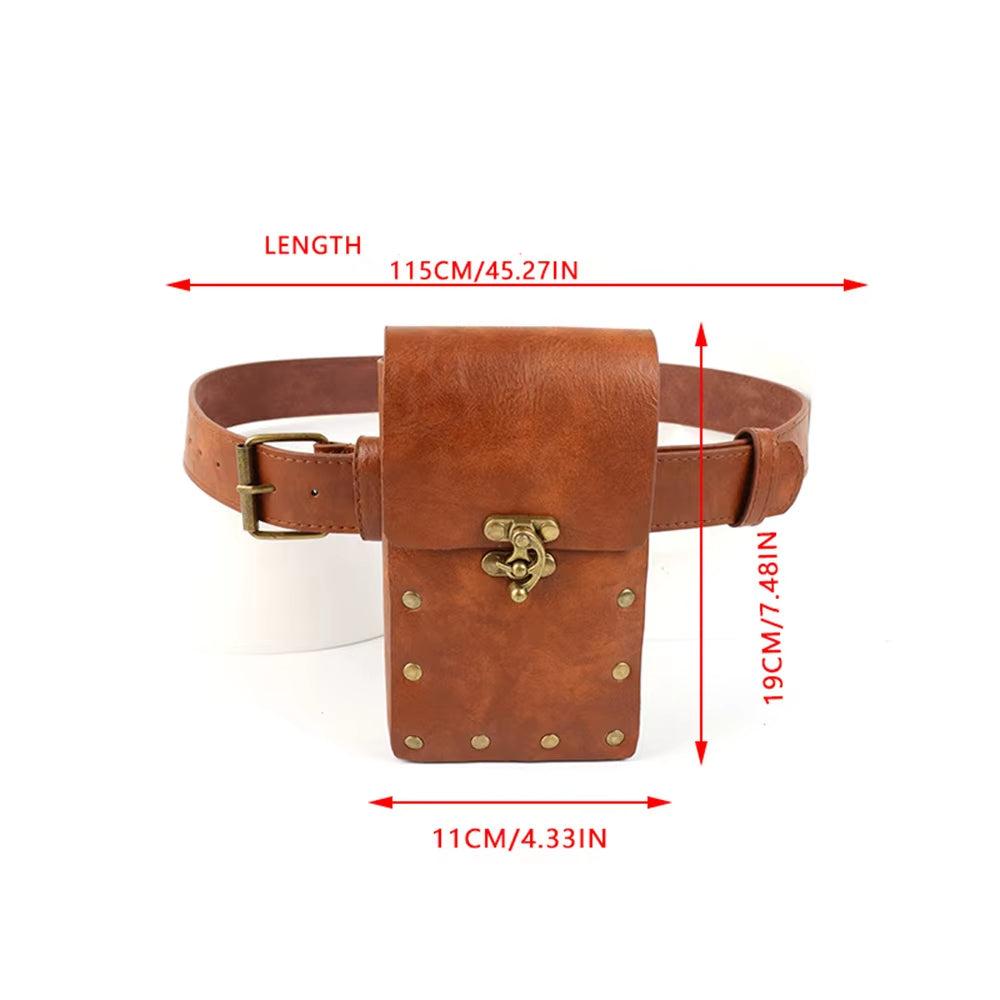 Cintura in pelle marrone con borsa rettangolare, chiusura a fibbia, dettagli in metallo, dimensioni 19x11 cm, lunghezza totale 115 cm.