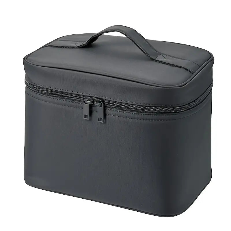 Borsa termica nera con cerniera e manico superiore, ideale per il pranzo al sacco. Design compatto e resistente, perfetta per ufficio o scuola.
