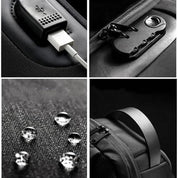 Zaino nero impermeabile con porta USB, chiusura antifurto, tessuto resistente all'acqua e manico robusto. Ideale per viaggi e lavoro.