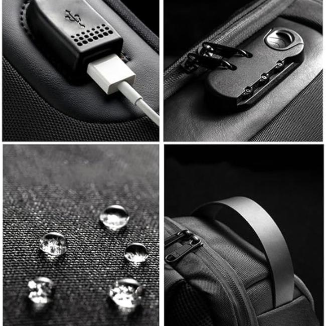 Zaino nero impermeabile con porta USB, chiusura antifurto, tessuto resistente all'acqua e manico robusto. Ideale per viaggi e lavoro.