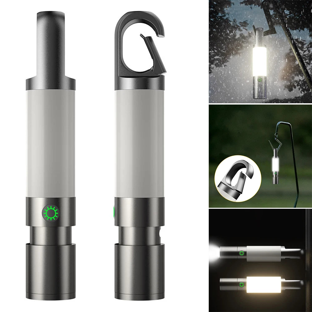 Torcia LED portatile multifunzione, impermeabile, con gancio, ideale per campeggio e emergenze. Design compatto, luce intensa, batteria ricaricabile.