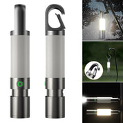 Torcia LED portatile multifunzione, impermeabile, con gancio, ideale per campeggio e emergenze. Design compatto, luce intensa, batteria ricaricabile.