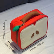 Borsa termica a forma di mela rossa con manico marrone, dimensioni 24,5x19,5x10 cm, ideale per pranzo al sacco, design originale e funzionale.