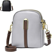 Borsa a tracolla in pelle PU grigia con dettagli dorati e cinturino marrone regolabile, design compatto, ideale per donna. Disponibile anche in nero.
