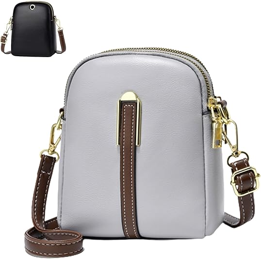 Borsa a tracolla in pelle PU grigia con dettagli dorati e cinturino marrone regolabile, design compatto, ideale per donna. Disponibile anche in nero.