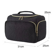 Borsa cosmetica nera trapuntata con cerniere dorate, dimensioni 31x25x25 cm, ideale per viaggio, organizzazione trucco e accessori.