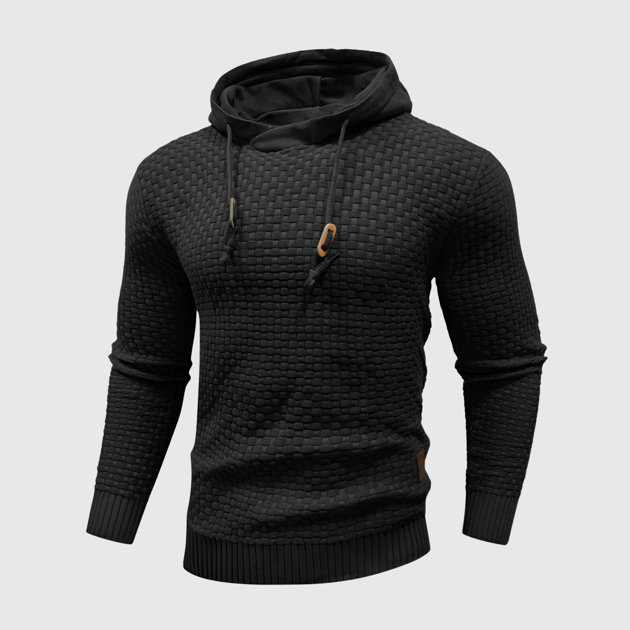 Felpa nera con cappuccio, design intrecciato, maniche lunghe, cordini regolabili, stile casual, tessuto morbido, ideale per moda autunno-inverno.