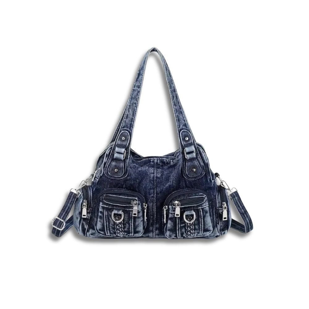 Borsa a spalla in denim blu con tasche multiple e tracolla regolabile, stile casual, perfetta per uso quotidiano e moda femminile.