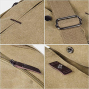 Zaino in tela beige con dettagli in metallo, cerniera robusta e chiusura a bottone. Design resistente, ideale per viaggi e uso quotidiano.